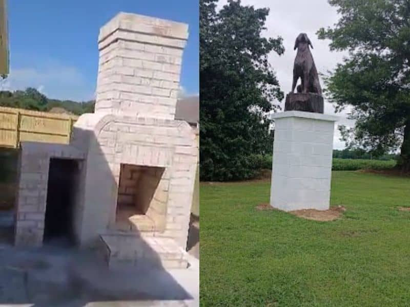 Side-by-side view of a brick outdoor fireplace and a masonry statue pedestal in a grassy area