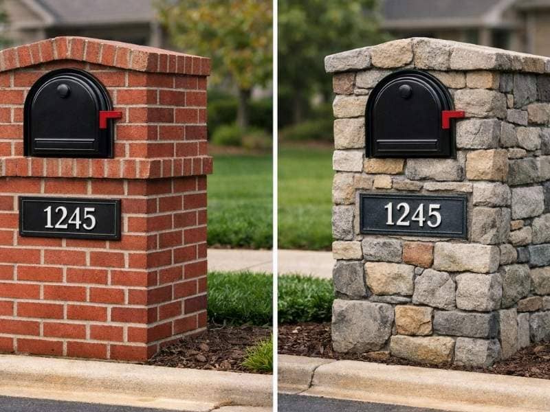 Brick and stone mailbox comparison showing two masonry mailbox styles in front of residential homes