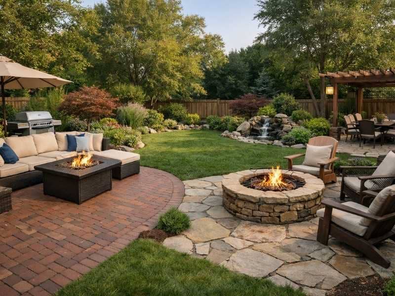 Brick patio and natural stone patio in a landscaped backyard with outdoor seating and fire features