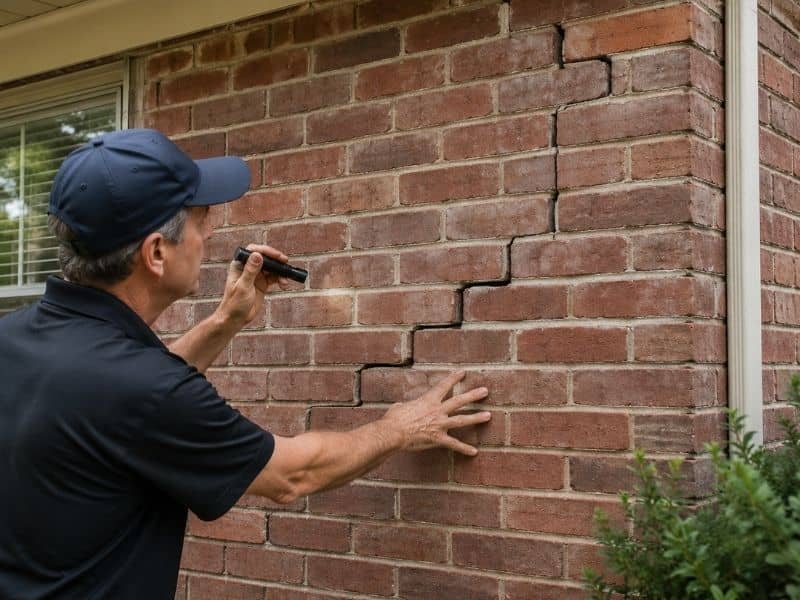 Contractor inspecting stair-step cracks and damaged mortar on a residential brick wall during a brick repair evaluation