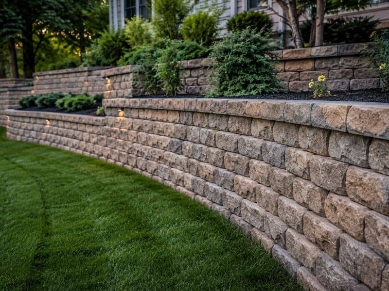 Curved brick and stone retaining wall in a landscaped backyard on a sloped residential property