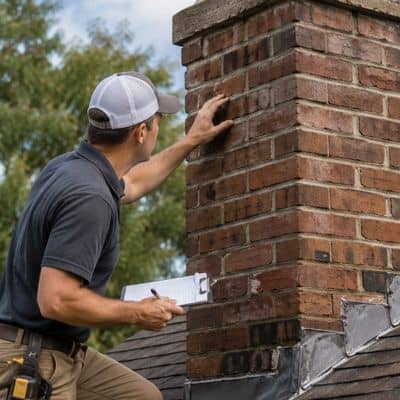 Mason inspecting a residential brick chimney during an inspection to check for masonry damage and repair needs