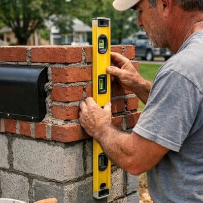 Mason using a level while building a brick mailbox to ensure proper alignment and long-term durability