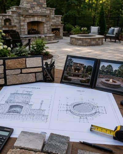 Outdoor fireplace and fire pit design plans with stone samples and layout tools on a backyard patio project table