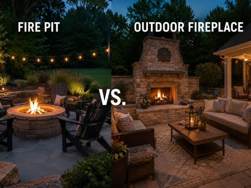 Side-by-side backyard comparison showing a custom outdoor fireplace and a circular fire pit with seating areas at night