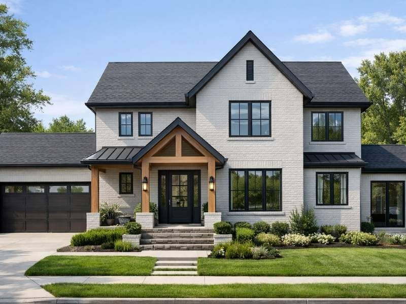 Modern home with a painted brick exterior showing the updated look many homeowners consider before painting brick