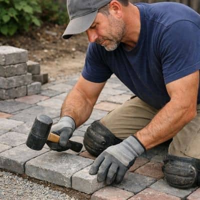 Mason installing patio pavers over a compacted gravel base for long-lasting outdoor construction