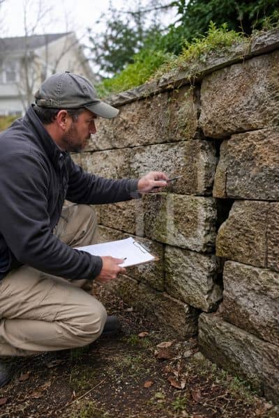 Stone mason inspecting cracks and moisture damage on a residential retaining wall during a masonry evaluation