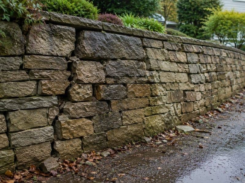 Stone mason inspecting a cracked retaining wall with visible water damage near a residential home