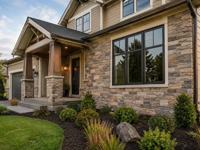 Modern home exterior with natural stone veneer accents installed on the front facade and entry area