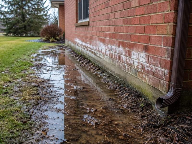 Brick masonry wall beside a home showing moisture staining and water pooling caused by poor drainage near the foundation