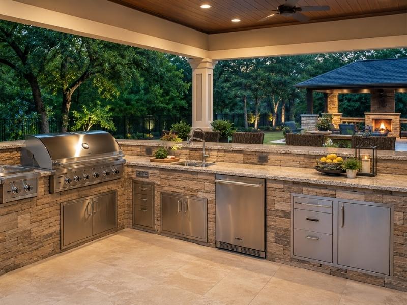 Covered outdoor kitchen featuring a built-in grill, side burner, sink, refrigerator, stone countertops, and ample storage.