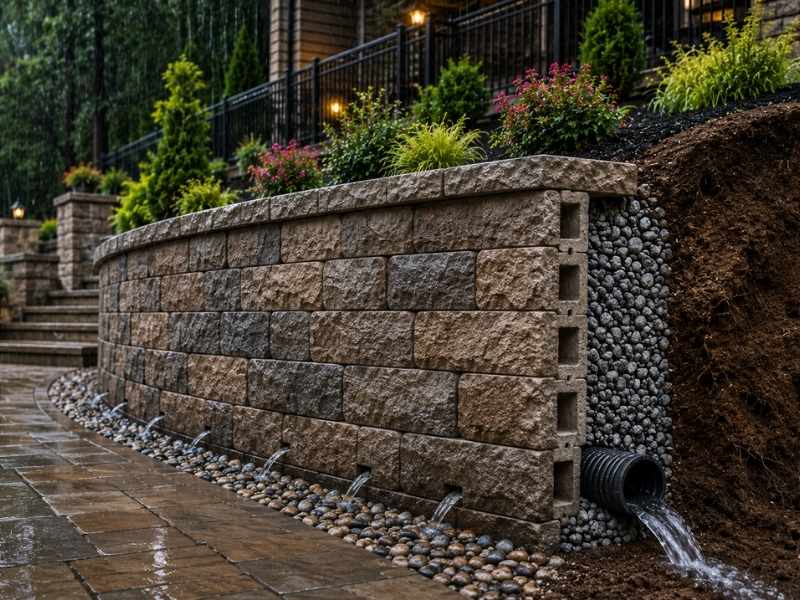 Retaining wall designs with proper drainage, gravel backfill, and a drain pipe to handle heavy rain and protect against water pressure.
