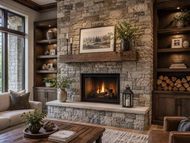 Stone fireplace ideas that add lasting home value with a natural stone surround, raised hearth, and wood mantel.
