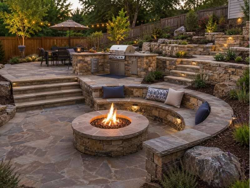 Stone patio for entertaining with a fire pit, outdoor kitchen, dining area, and natural stone pavers designed for family and friends.
