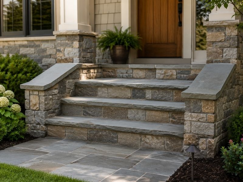 Well-proportioned stone masonry steps leading to a home entrance with balanced design and natural curb appeal
