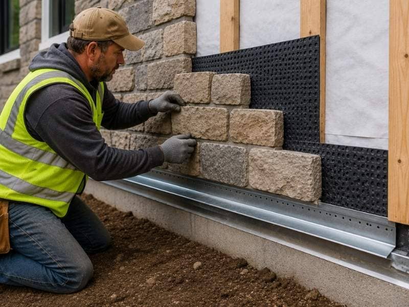 Stone masonry wall construction showing drainage components, flashing details, and moisture management behind stone veneer
