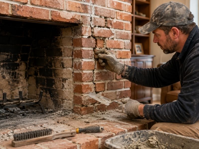 Mason inspecting and repairing cracked mortar on a brick fireplace in Huntsville, Alabama to determine whether the fireplace needs repair or full replacement.