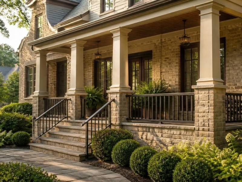 Custom stone masonry porch columns enhancing the front entrance of a brick home in Huntsville, AL with a cohesive architectural design.
