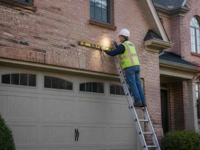 Brick mason inspecting the brickwork above a residential garage door in Huntsville, AL for signs of lintel movement, loose masonry, and structural damage.