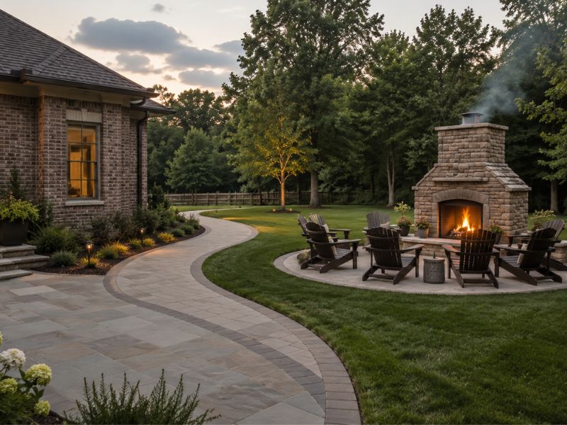 Outdoor fireplace placement with seating in a backyard in Huntsville Alabama