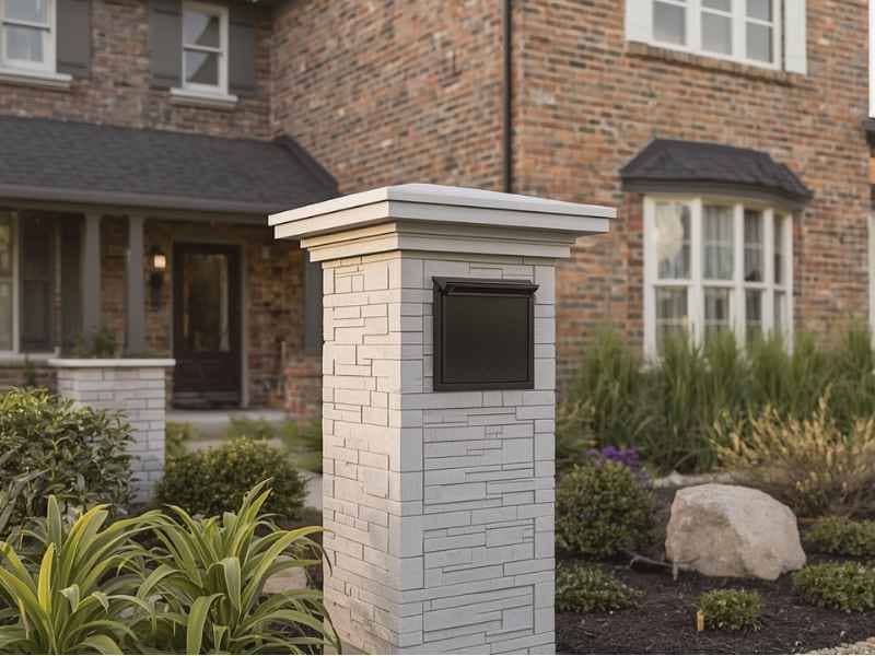 Stone mailbox with a modern flat cap complementing a contemporary brick home exterior