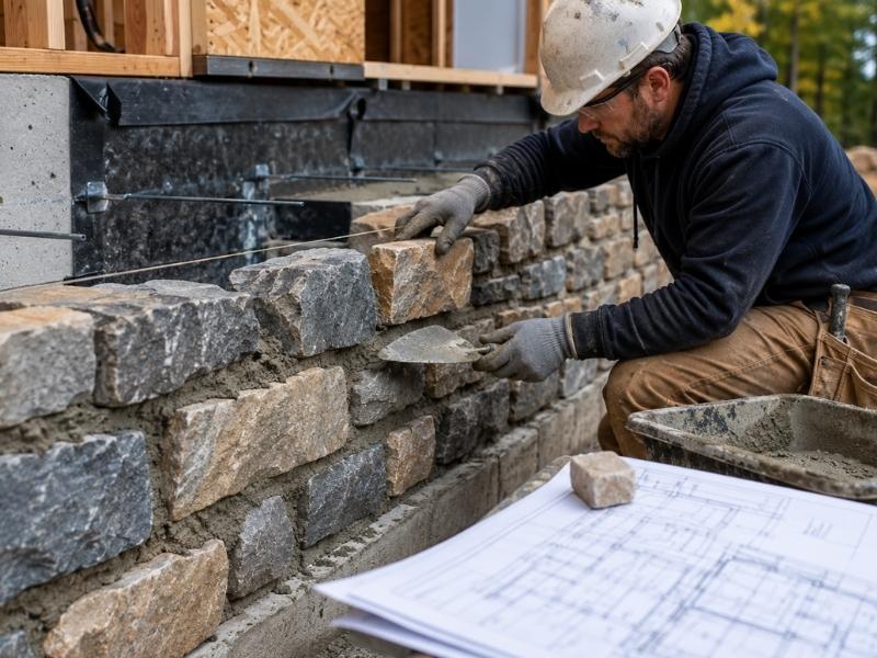 Stone mason constructing a structural stone wall for a residential project in Huntsville, Alabama, showing proper masonry techniques and foundation work.
