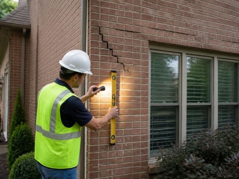 Professional brick mason inspecting stair-step cracks in a residential brick wall for signs of structural movement and masonry damage.