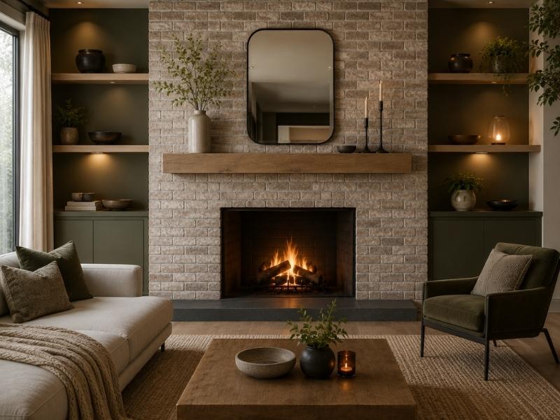 Brick fireplace updates with a lightened brick finish, modern wood mantel, updated hearth, built-in shelving, and warm lighting
