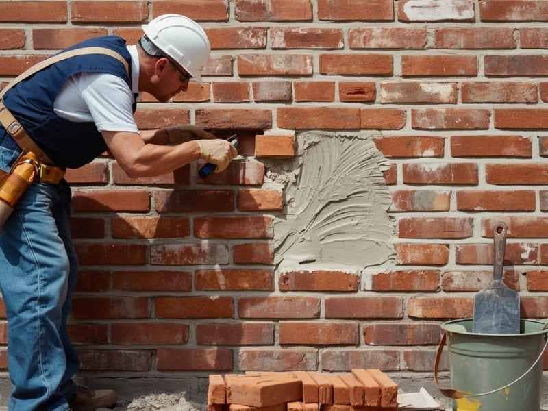 Brick repair by a mason matching replacement brick and mortar for seamless masonry results