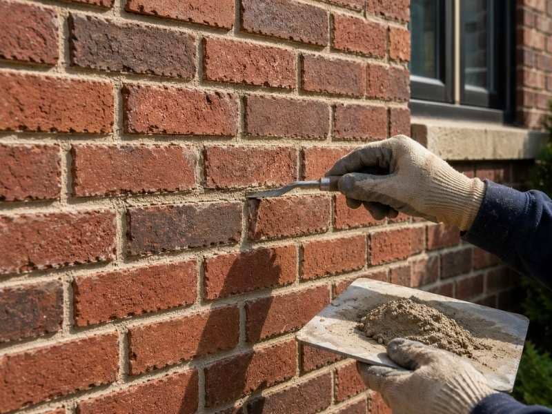 Crumbling mortar repaired through repointing while the original bricks remain intact
