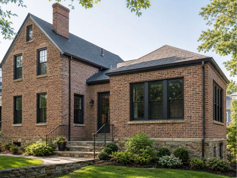 Brick two‑story house with a gabled roof, brick-and-stone foundation, black-framed windows, front steps, and a small landscaped yard.
