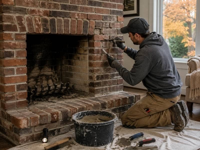 Fireplace repair by a mason repairing cracked mortar joints on a brick fireplace before winter