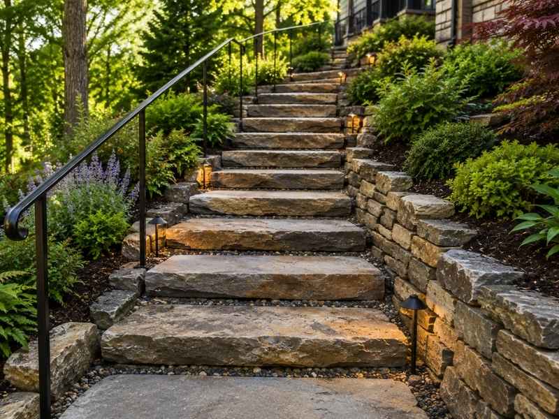 Garden steps on a sloped property with even stone treads, a handrail, retaining walls, lighting, and landscaped banks