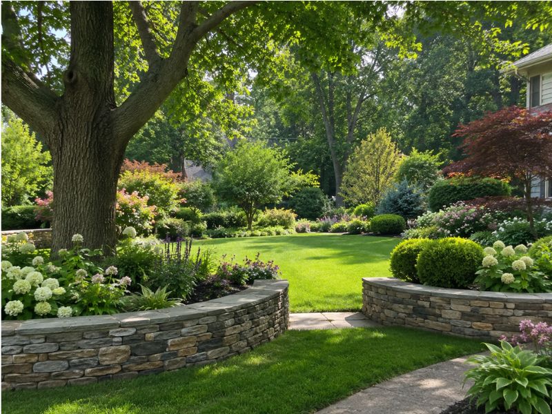 Curved stone planters surround a lush green lawn with flowering shrubs and a large tree in a well-kept backyard garden.