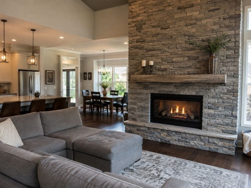 Modern open-concept living room with a floor-to-ceiling stone fireplace surround in a Huntsville, AL home.