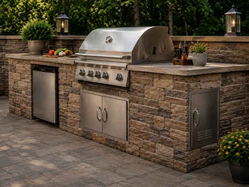 Outdoor kitchen masonry in Huntsville Alabama with stone veneer, built in grill, storage access panels, and space for future appliance replacement.