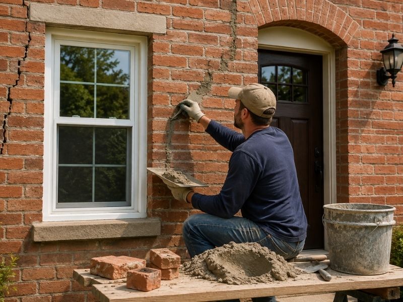 Professional brick mason repairing masonry cracks near a window on a brick home in Huntsville, AL.