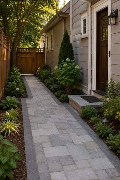 Stone paver side entrance walkway connecting a home doorway and garden area in Huntsville Alabama.
