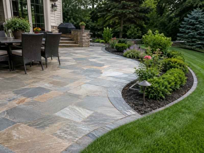 Stone patio with defined edges beside lawns and planting beds in Huntsville Alabama