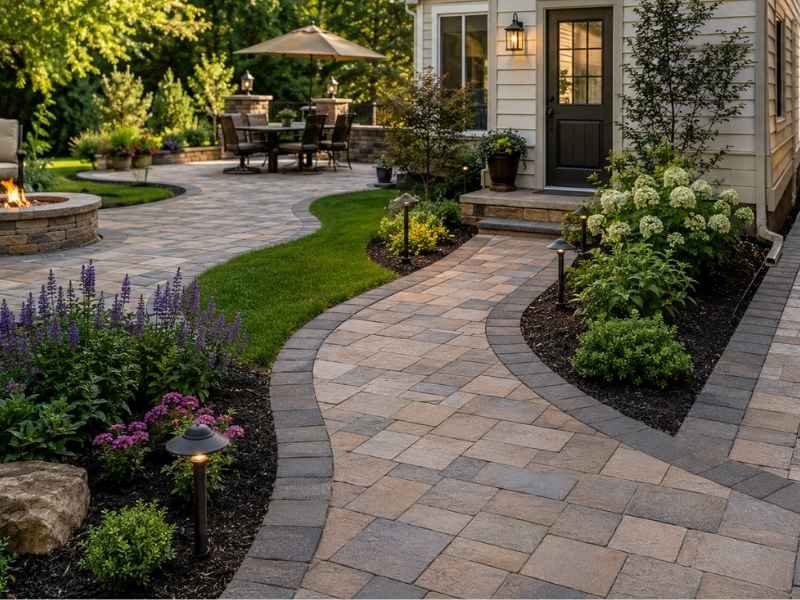 Stone pavers walkway connecting a patio, garden, and side entrance in Huntsville Alabama.
