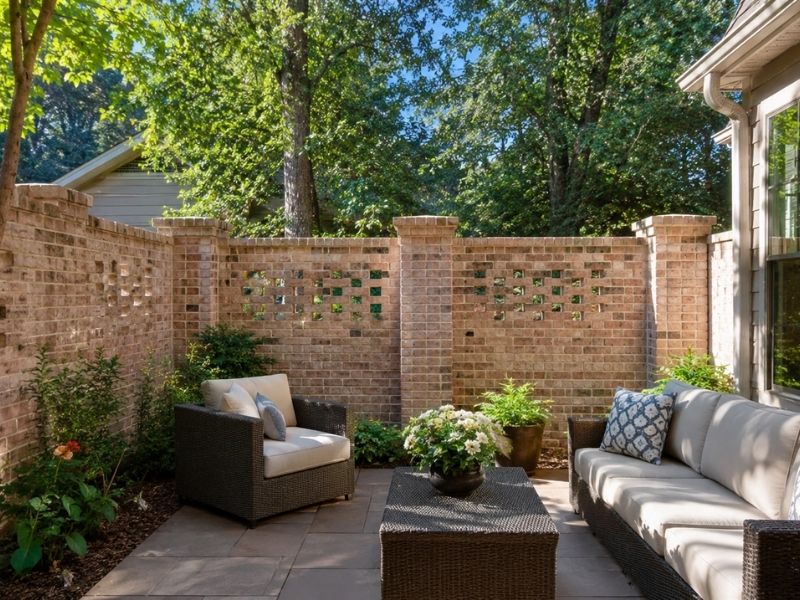 Brick privacy wall with decorative openings creating a private yet open feel in a compact backyard at a Huntsville, AL home.