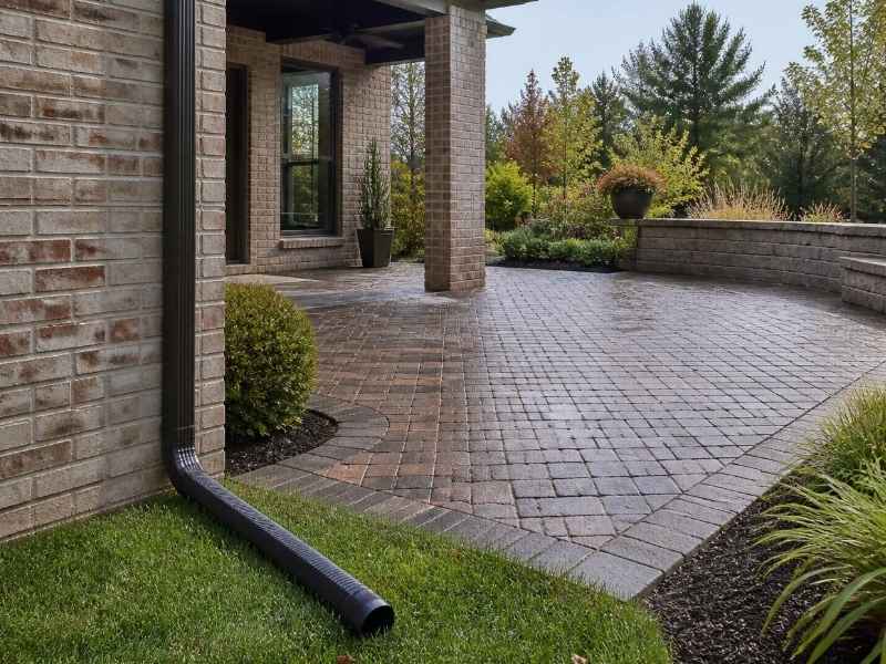 Brick patio planning around downspout drainage paths in Huntsville AL showing proper water flow management and outdoor masonry design